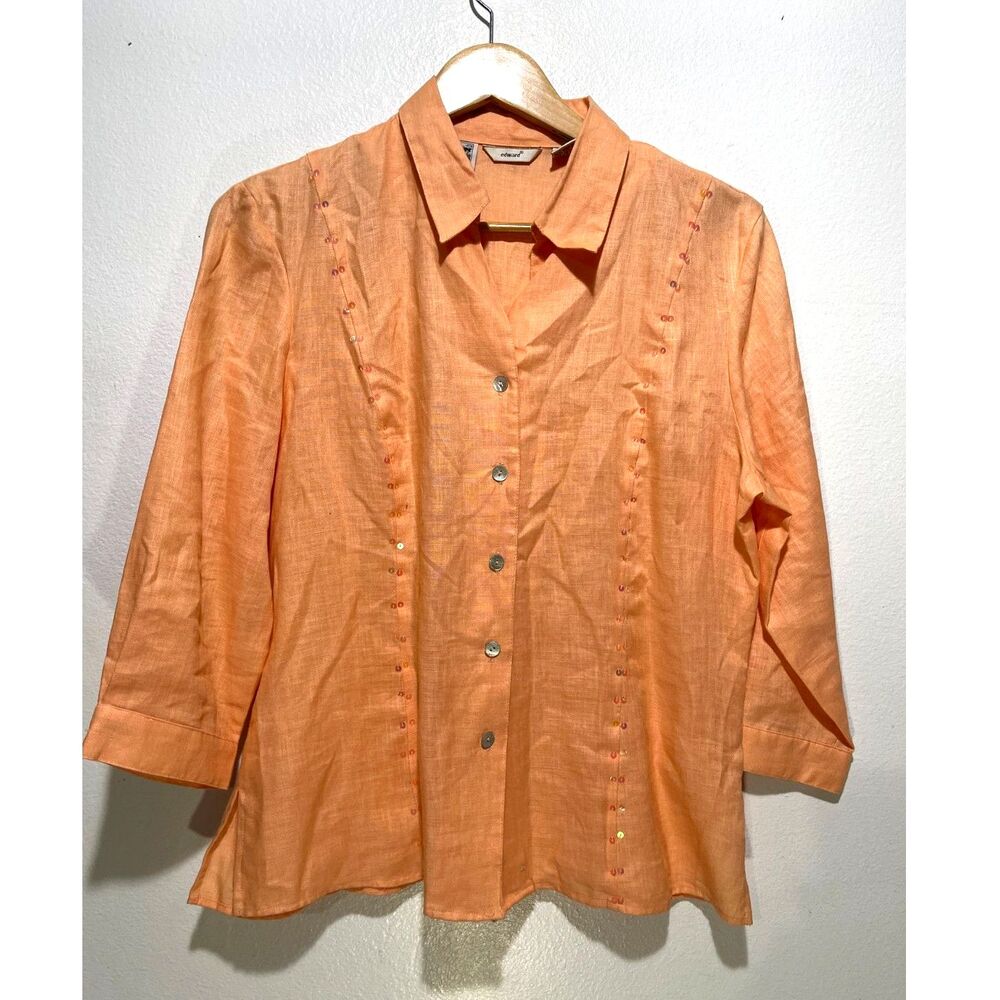 Edward Irish Linen buton up shirt embellished sequins orange casual women  XL